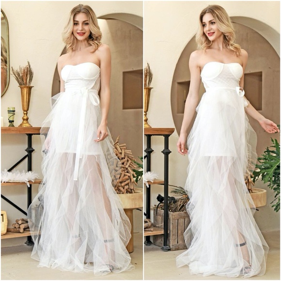 White belted boho mesh ruffle maxi dress wedding - Picture 2 of 3